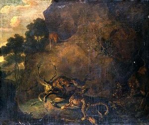 Tiger greifen einen Hirsch in felsiger Landschaft an von Carl Borromaus Andreas Ruthart