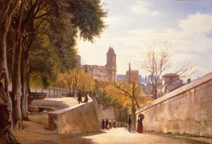 Blick auf Viale Trinità dei Monti mit dem Brunnen der Villa Medici, gesehen von der Via di San Sebastianello, Rom