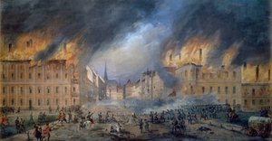 Schlacht an der Sternbarrikade in Jägerzeile am 28. Oktober 1848, Revolution in Wien, Feuer in der Stadt, Gemälde von Carl Goebel (1824-1899), Österreich
