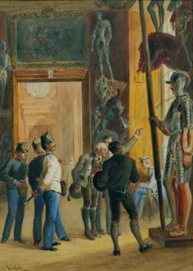 Österreichische Offiziere und zwei Tiroler besichtigen die Ambraser Sammlung im Unteren Belvedere von Carl Goebel d. J.