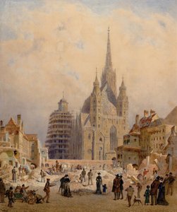 Ansicht des Stephansdomes während der Demolierung der Brandstätte von Carl Goebel der Jüngere