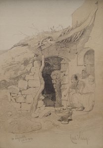 Drei Figuren, die vor einem Haus sitzen, Nazareth, 1859 von Carl Haag