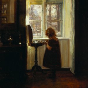 Ein Mädchen, das an einem Nähtisch steht von Carl Holsoe