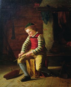 Junge baut ein Holzboot von Carl Julius Lorck