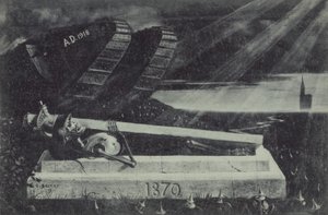 Ein siegreicher alliierter Panzer des Ersten Weltkriegs passiert das Grab eines französischen Kavalleriesoldaten aus dem Deutsch-Französischen Krieg. (Lithografie) von Carl Ludwig Friedrich Becker