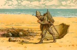 Robinson Crusoe sieht den Strand mit menschlichen Schädeln und Knochen übersät