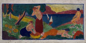 Frauen in Landschaft mit blauem Rand, vor 1932 von Carl Newman