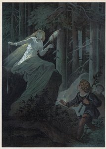 Die Fee, die mit einer goldenen Spindel weglief, sang das Schicksal eines goldenen Knopfes. Illustration von Carl Offterdinger in „Bouton d