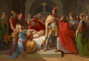 Kriemhild bei Siegfrieds Leiche erklärt Hagen zu seinem Mörder und schwört Rache von Carl Rahl