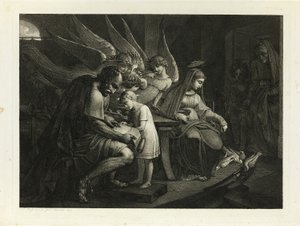 Die Heilige Familie beschäftigt zu Hause: Joseph lehrt den Jungen Jesus lesen. Maria füttert die Tauben. Elisabeth betritt den Raum mit Johannes von Carl Russ