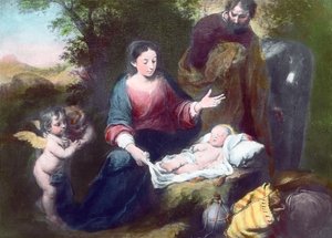 Das schlafende Christkind mit Engeln, Maria und Joseph, Gemälde (undatiert) von Bartolome Esteban Murillo, Bilddatum: ca. 1900 von Carl Simon