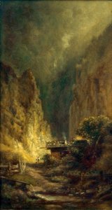 Mühle vor Felsenschlucht mit zwei Figuren