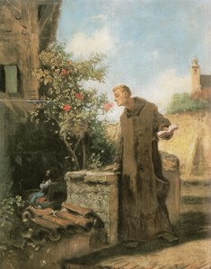 Mönch, an Rose riechend
