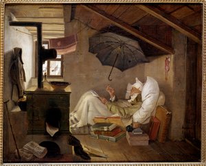 Der arme Poet. Ein alter Mann liegt in einem Dachboden. Gemälde von Carl Spitzweg (1808-1885) 1839 Berlin, Altes Museum, Deutschland von Carl Spitzweg