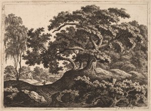 Landschaft mit Mann, der einen Karren schiebt