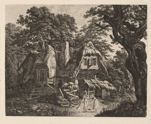Strohdachhütte mit Landschaft und Figuren