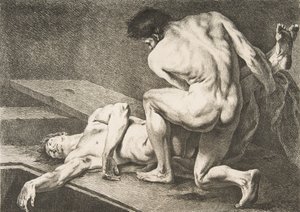 Eine Akademie: Ein Mann hebt die Beine eines anderen Mannes, 1742-43 von Carle van Loo