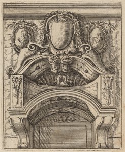 Architektonisches Motiv mit drei Schilden, zwei mit Figuren von Carlo Antonio Buffagnotti
