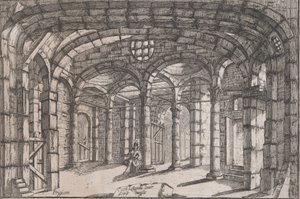 Innenansicht eines Gefängnisses mit einer sitzenden Frau, ca. 1680-1710 von Carlo Antonio Buffagnotti