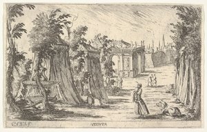 Ansicht mit einem Mann im Turban und einem Löwen rechts, Zelte und klassische Architektur, 1680-1710