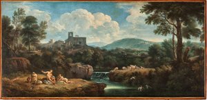 Landschaft mit Fluss, Arbeitern in antiker Kleidung und einem Dorf von Carlo Antonio Tavella