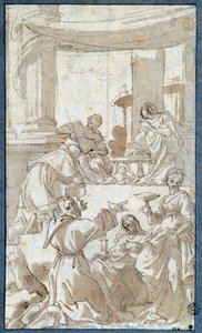 Die Heilige Familie verehrt von den Heiligen Karl Borromäus, Franz von Assisi, Klara von Assisi und Lucia von Carlo Bononi