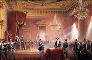 Risorgimento - Viktor Emanuel II (Vittorio Emanuele) (1820-1878) unterzeichnete den Vertrag über die Annexion der Toskana, vorgelegt von Bettino Ricasoli (1809-1880) am 22. März von Carlo Bossoli