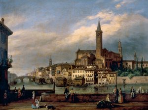 Blick entlang des Flusses Adige in Verona, mit der Kirche St. Anastasia im Hintergrund von Carlo Canella