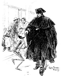 Pinocchio von Carlo Chiostri (1863-1939), einer der ersten italienischen Illustratoren des Werks von Collodi (Carlo Lorenzini). Ein Polizist packt die Holzpuppe an der Nase, zur großen Freude des Schatzes. Diese Originalzeichnung von Chiostri ist zu sehen