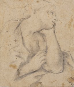 Sitzende Frau, die den Kopf in die Hand stützt. Brustbild von Carlo Cignani
