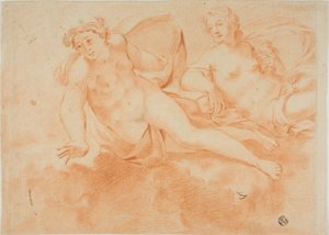 Zwei wolkengetragene nackte Frauenfiguren (recto); Fragment einer liegenden Figur (verso) von Carlo Cignani