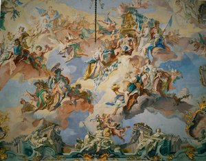 Die Versammlung der Götter, die Kaiser Karl Albrecht unter sich aufnehmen, und Fama, die die vier Kontinente zusammenruft