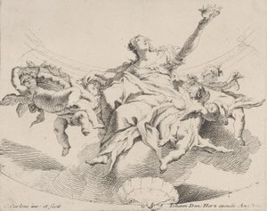 Macht, dargestellt durch eine Frau, die auf Wolken sitzt und eine Krone hält, umgeben von Putti von Carlo Innocenzo Carloni