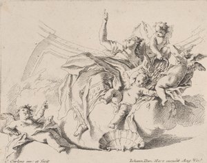 Reichtum, dargestellt durch eine Frau, die auf Wolken sitzt und von Putti umgeben ist, von denen einer..., 1725-75 von Carlo Innocenzo Carloni