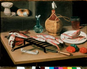 Stillleben mit gegrilltem Fisch, Tellern (Meeräsche) und Weinflasche (Damigiana). Gemälde von Carlo Magini (1720-1806). Faenza, Pinacoteca Comunale von Carlo Magini