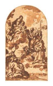 Die Madonna und das Kind erscheinen den Heiligen Ambrosius, Franz von Sales und Nikolaus von Bari