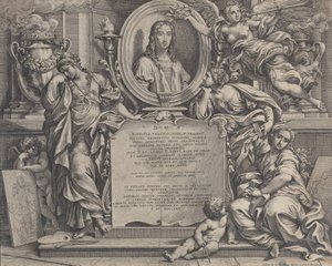 Frontispiz mit ovalem Porträt von Raphael, mit drei allegorischen Figuren der Künste, 1675 von Carlo Maratti