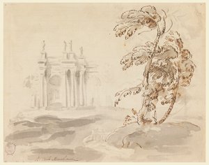 Baum in Landschaft mit Gebäude