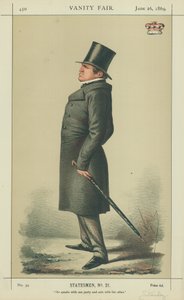 Lord Stanley, Er spricht mit einer Partei und handelt mit der anderen, 26. Juni 1869, Vanity Fair Karikatur von Carlo Pellegrini