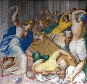 Jesus Christus vertreibt die Händler an den Toren des Tempels. Fresko von Carlo Urbino. Mailand, S. Maria della Passione von Carlo Urbino