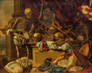 Vanitas Stillleben mit Musikinstrumenten, Büchern, Noten, Skelett, Schädel und Rüstung, 17. Jh. von Carstian Luyckx