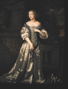 Porträt von Lady Philippa Stanton und ihrem Hund auf einer Terrasse vor einem skulptierten Fries von Caspar (studio of) Netscher