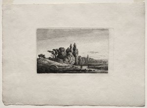 Fußgängerbrücke mit Kreuz vor Bäumen an einem Fluss von Caspar David Friedrich