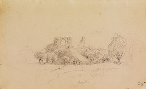 Klosterruinen Eldena sowie ein Haus mit Strohdach und ein kleines Gewässer von Caspar David Friedrich