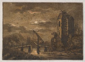 Landschaft mit Klappbrücke und Ruine im Mondschein von Caspar David Friedrich