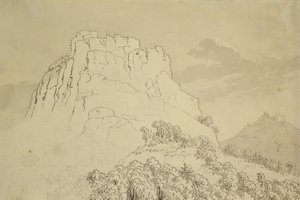 Felsiger Hügel mit bewaldetem Hügel im Vordergrund von Caspar David Friedrich