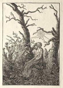 Die Frau mit dem Spinnennetz zwischen kahlen Bäumen von Caspar David Friedrich