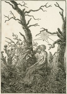 Frau mit Spinnennetz zwischen kahlen Bäumen von Caspar David Friedrich