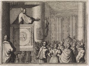 Der Teufel spricht von einer Kanzel zu einer Menschenmenge von Caspar Luyken