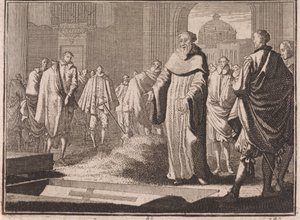 Der heilige Bernhard betrachtet ein geöffnetes Grab von Caspar Luyken